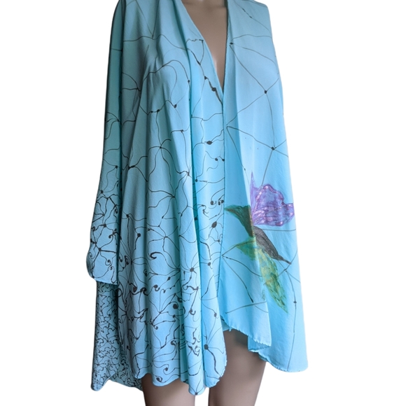 Hand Made Art Hand Painted Turqoise Blue Silk Cape OS - Picture 6 of 11